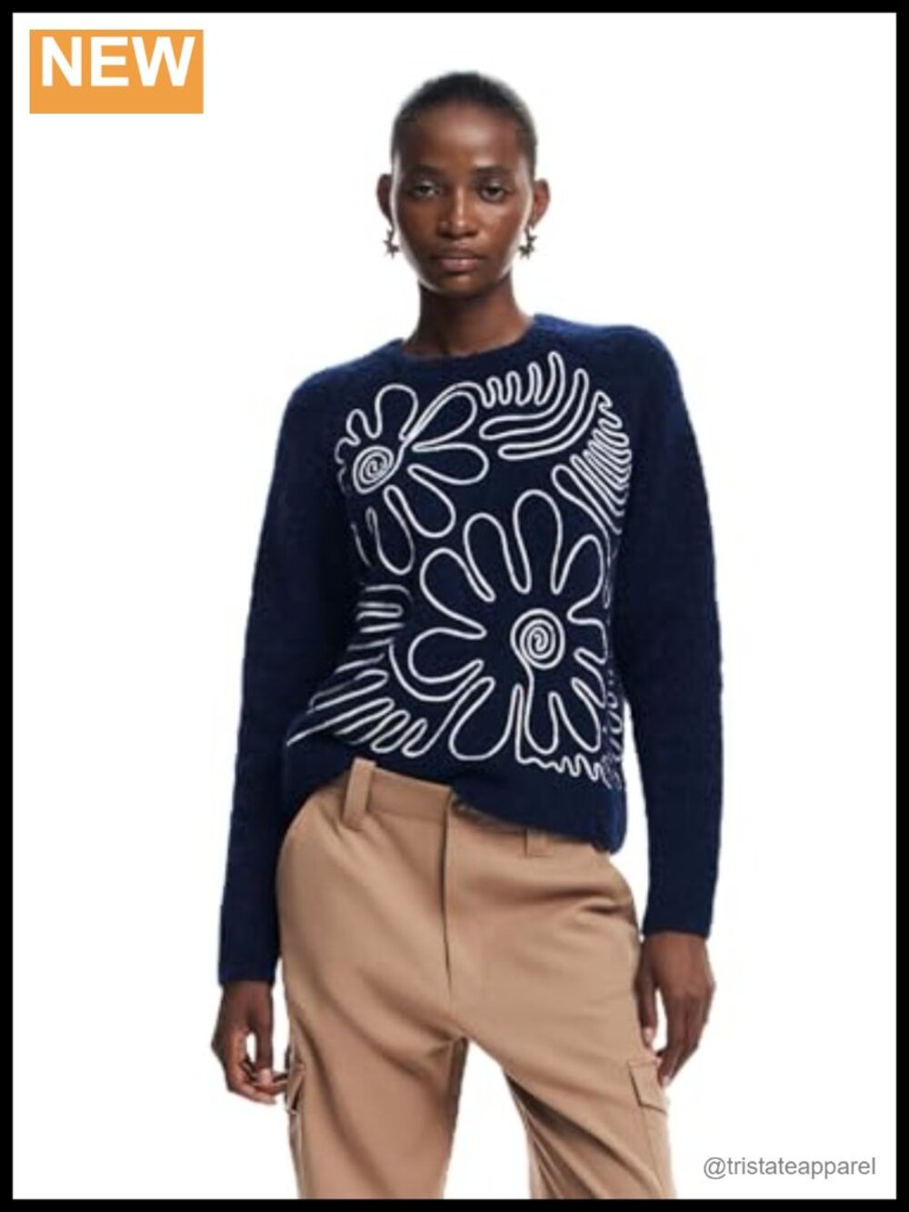 Women's Flat Knit Thick Gauge Pullover Crew Neck Long Sleeve Floral Sweater